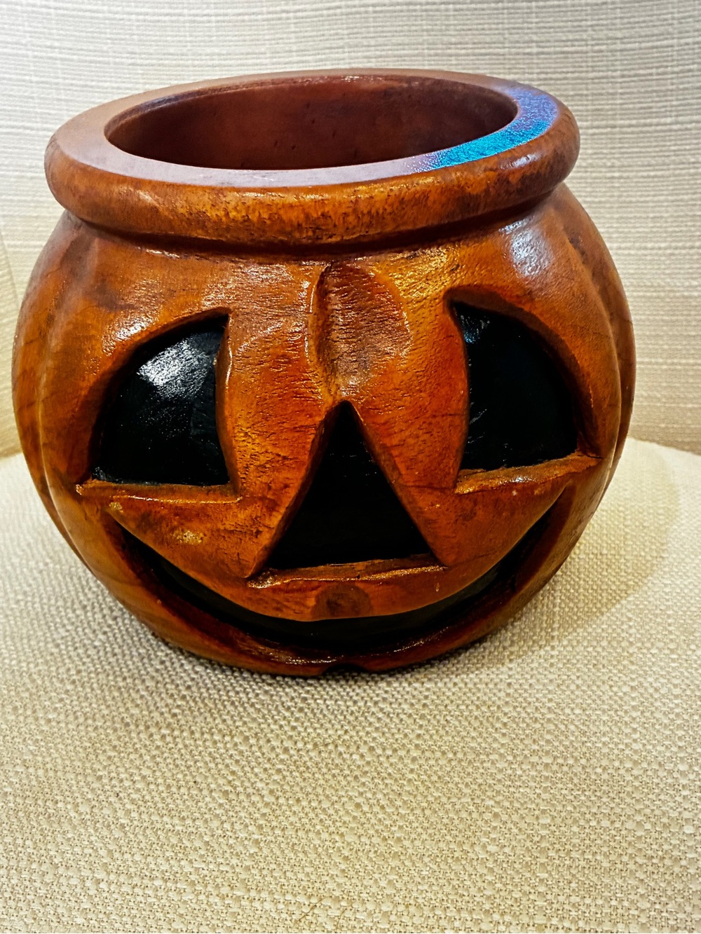 Handcrafted Pumpkin Jack-O'-Lantern Ceramic half pot. Holiday decor